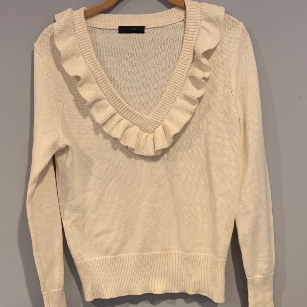 J. Crew Ivory Ruffle V-Neck Sweater